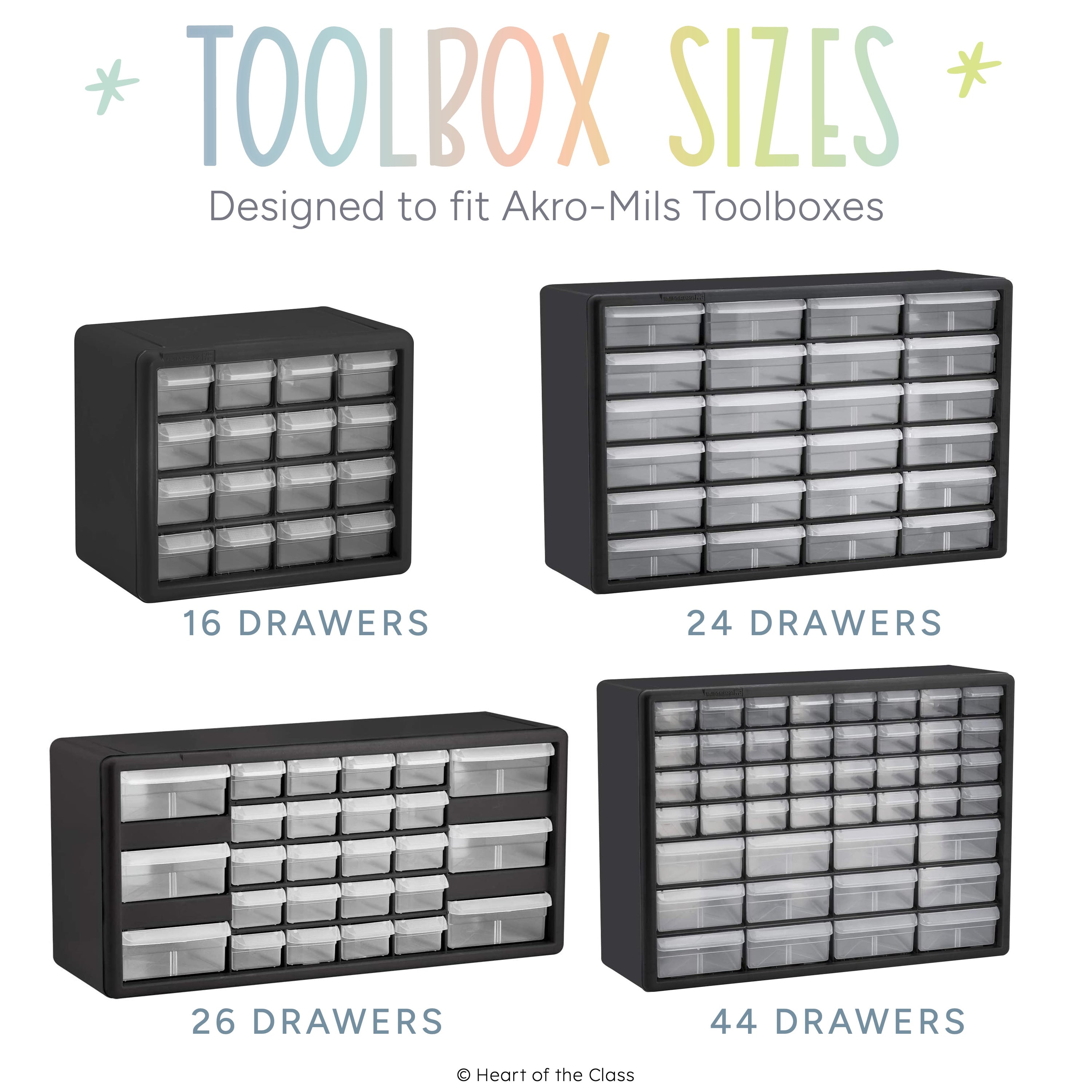 Teacher Toolbox Labels for Akro-Mils toolboxes: 16 Drawer Teacher Toolbox, 24 Drawer Teacher Toolbox, 26 Drawer Teacher Toolbox, 44 Drawer Teacher Toolbox