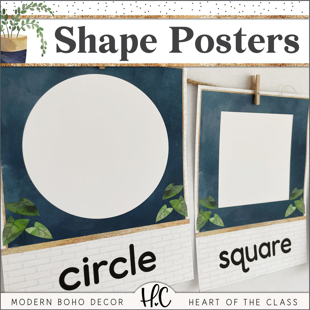 Modern Boho Classroom Shape Posters Navy Watercolor with Plants
