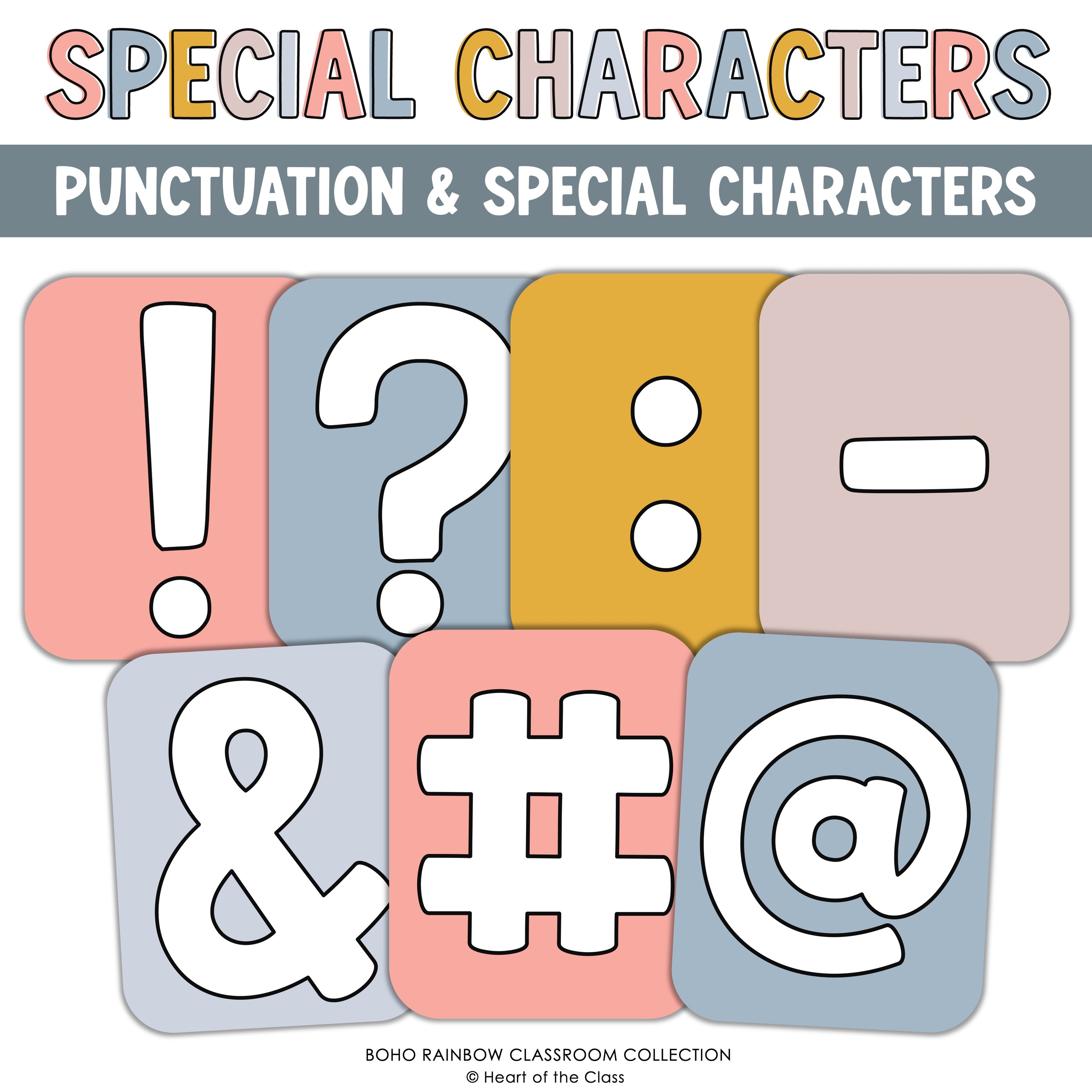 Punctuation Bulletin Board Letter Tiles in Calm Colors for Boho Rainbow Classroom