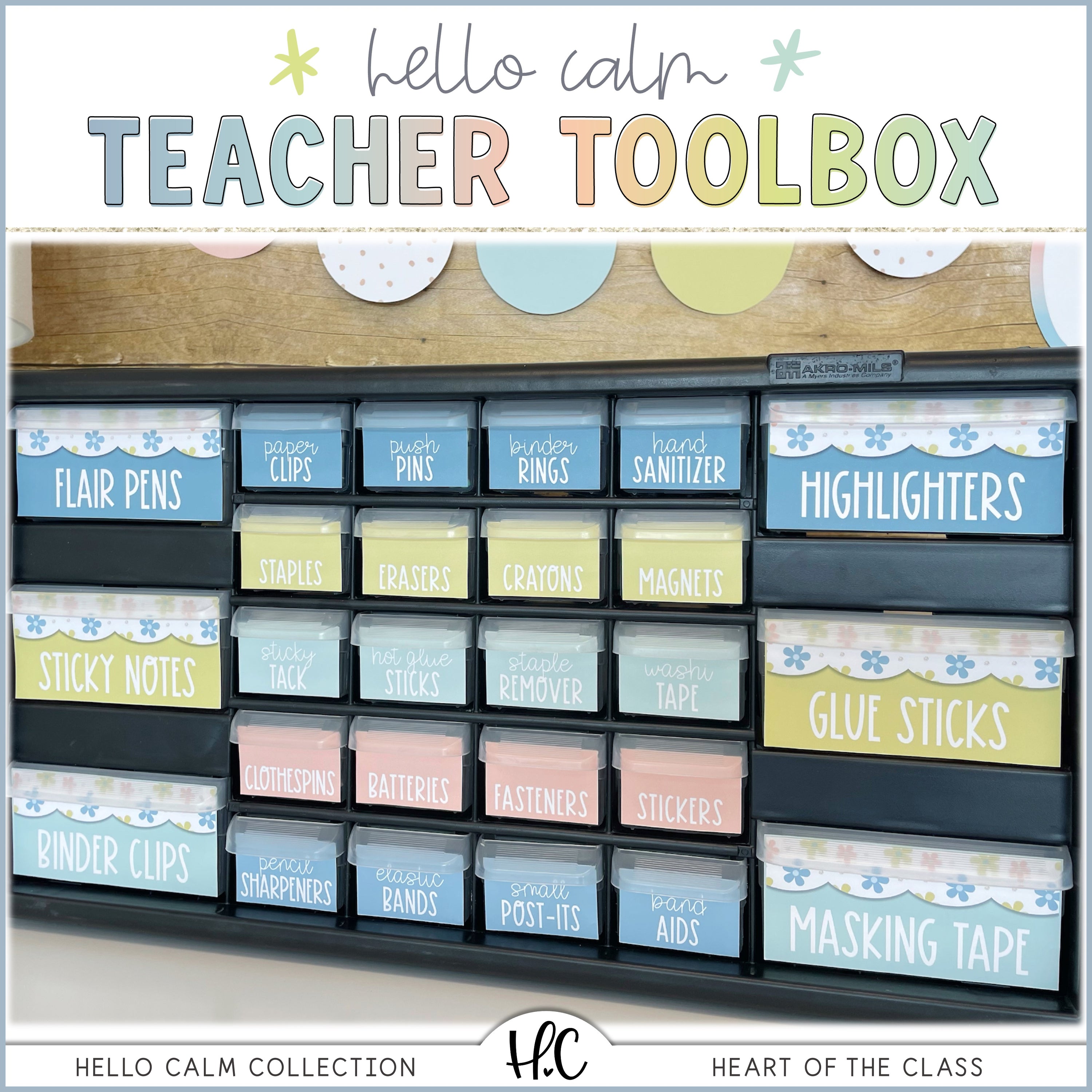 Teacher Toolbox with 26 drawers for classroom organization with editable toolbox labels and calm classroom colors