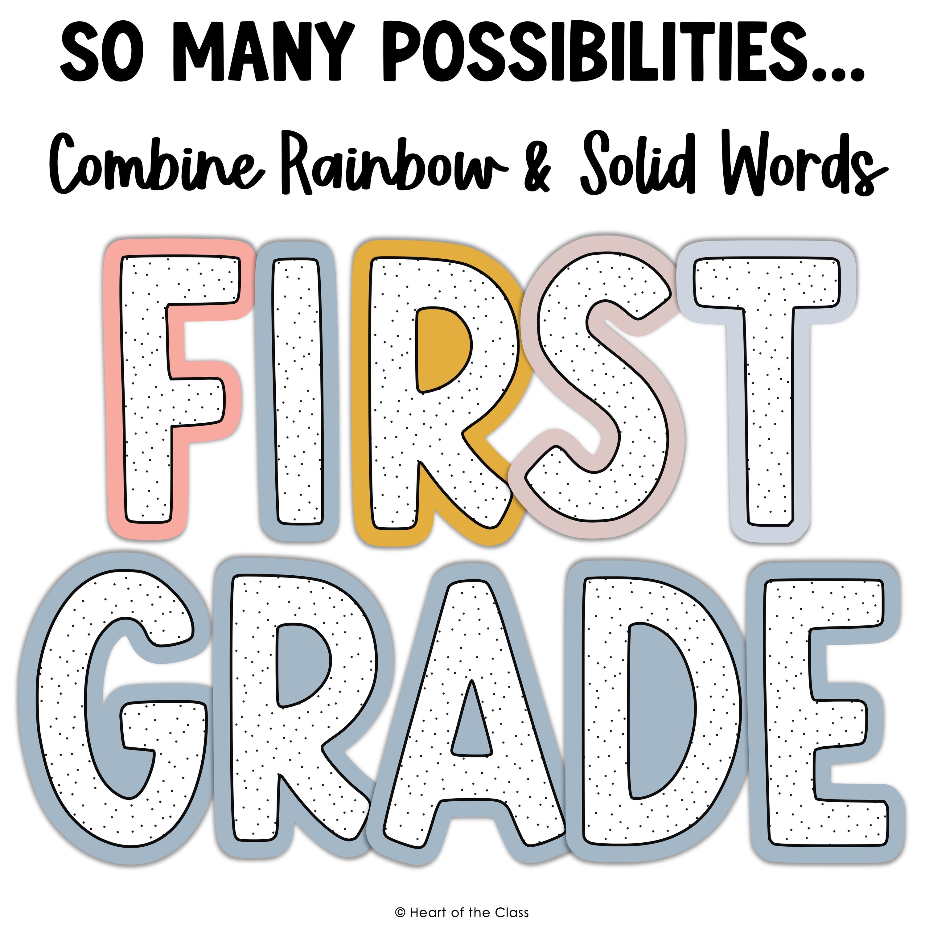 Printable Classroom Bulletin Board Letters with Polka Dots and Calm Rainbow Colors