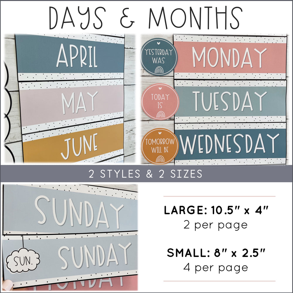 Classroom Calendar Days and Months Cards Boho Rainbow Colors