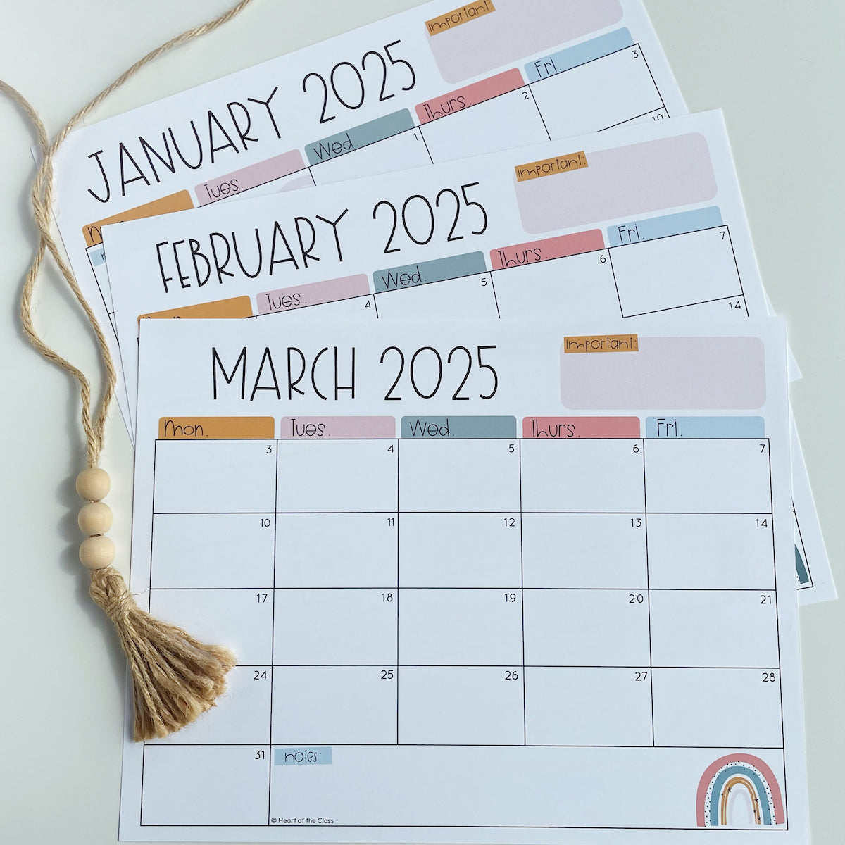 Free Boho Rainbow Monthly Teacher Calendars