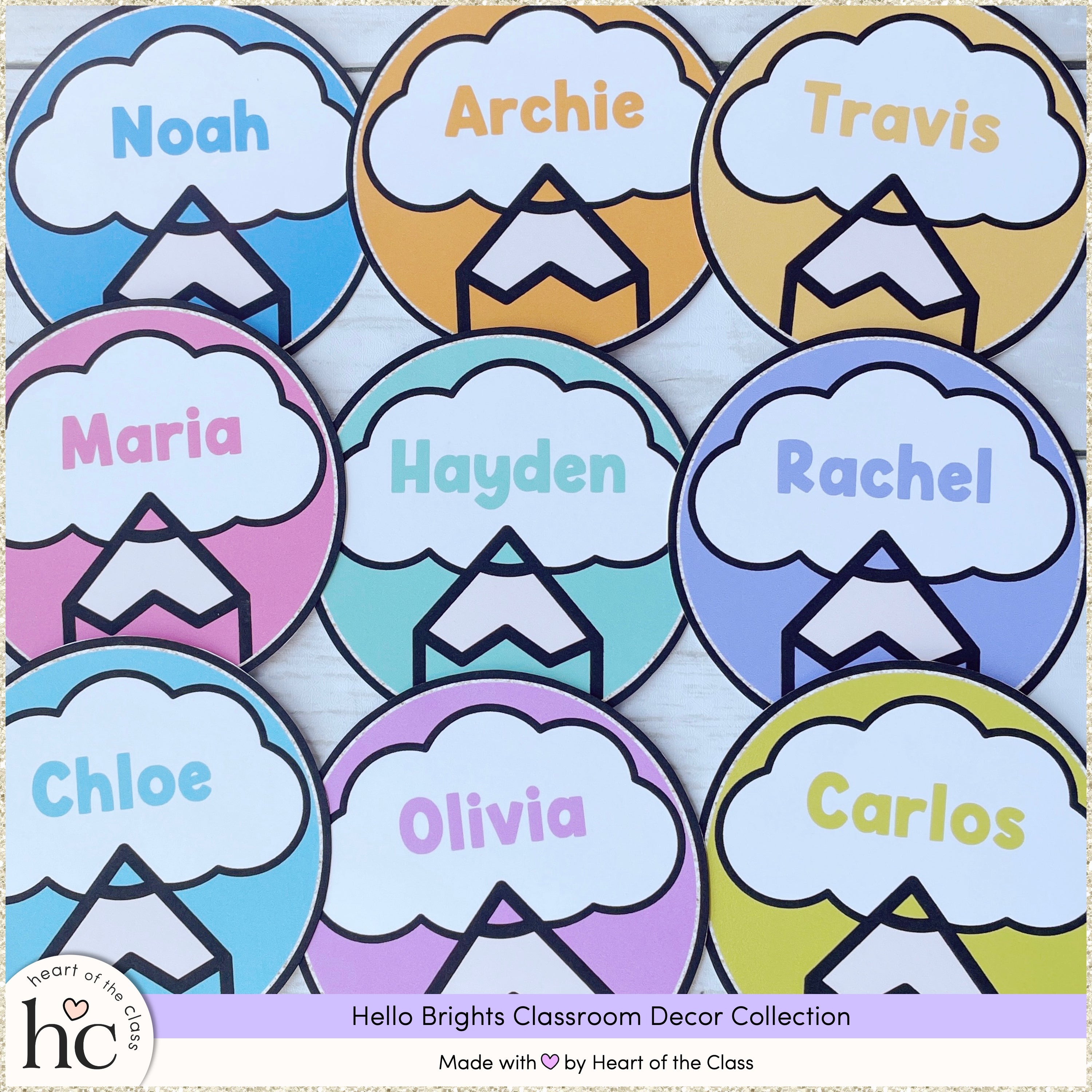 Bright student name tags with editable names. Perfect for door decor, back to school bulletin board or cubby labels. So cute