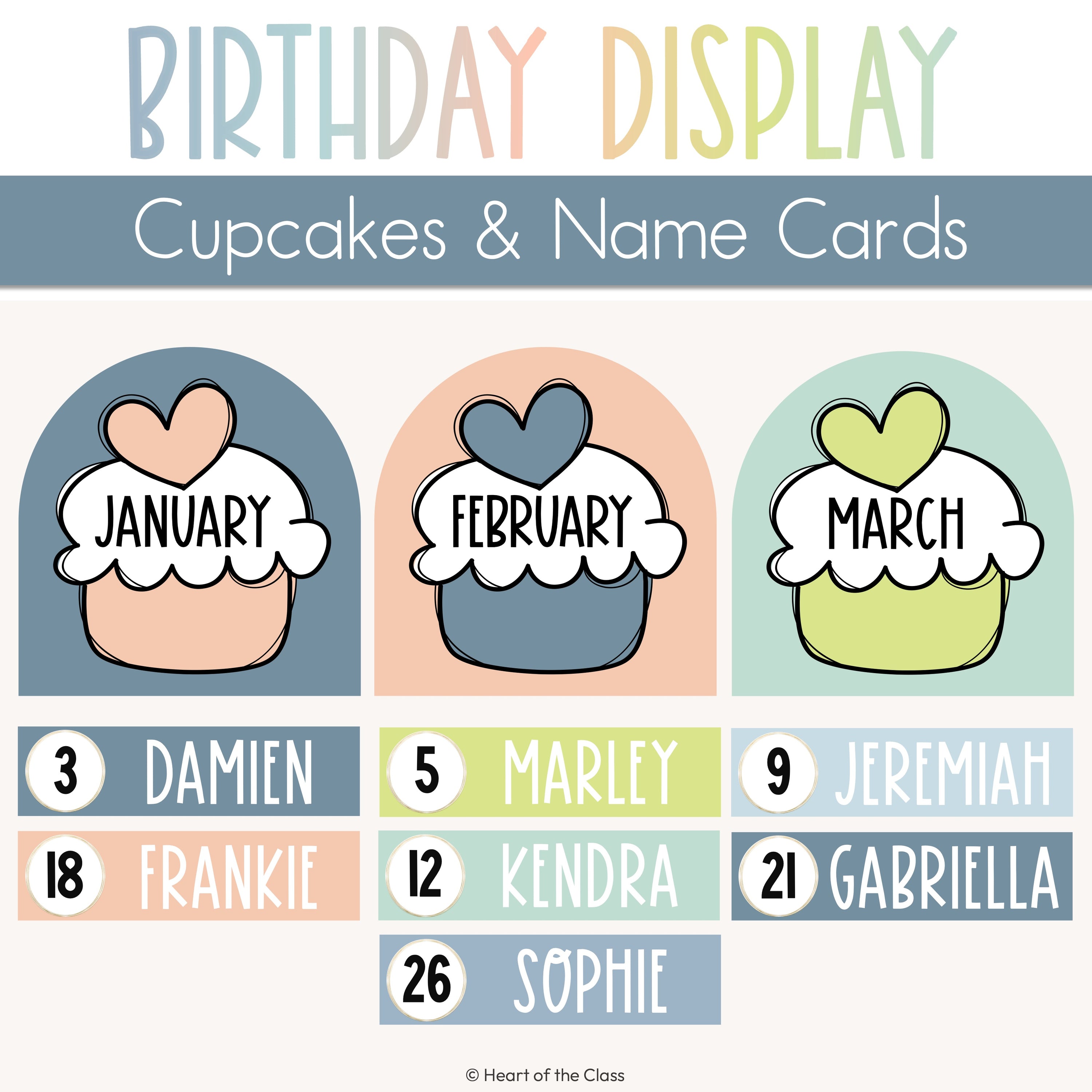 Cupcake Classroom Birthday Bulletin Board in Calm Pastel Colors
