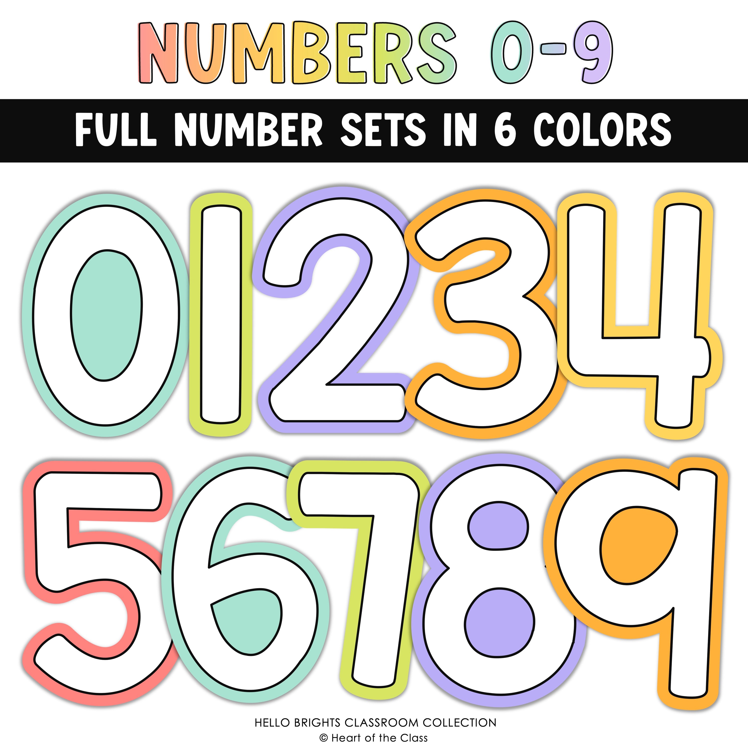 Printable bulletin board numbers in happy and bright classroom theme colors