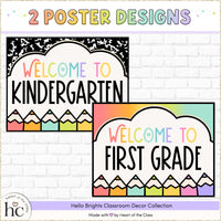 Editable Back to School Door Decor Welcome Posters with bright color pencils and composition notebook and bright rainbow gradient backgrounds. Welcome to Kindergarten and Welcome to First Grade posters.
