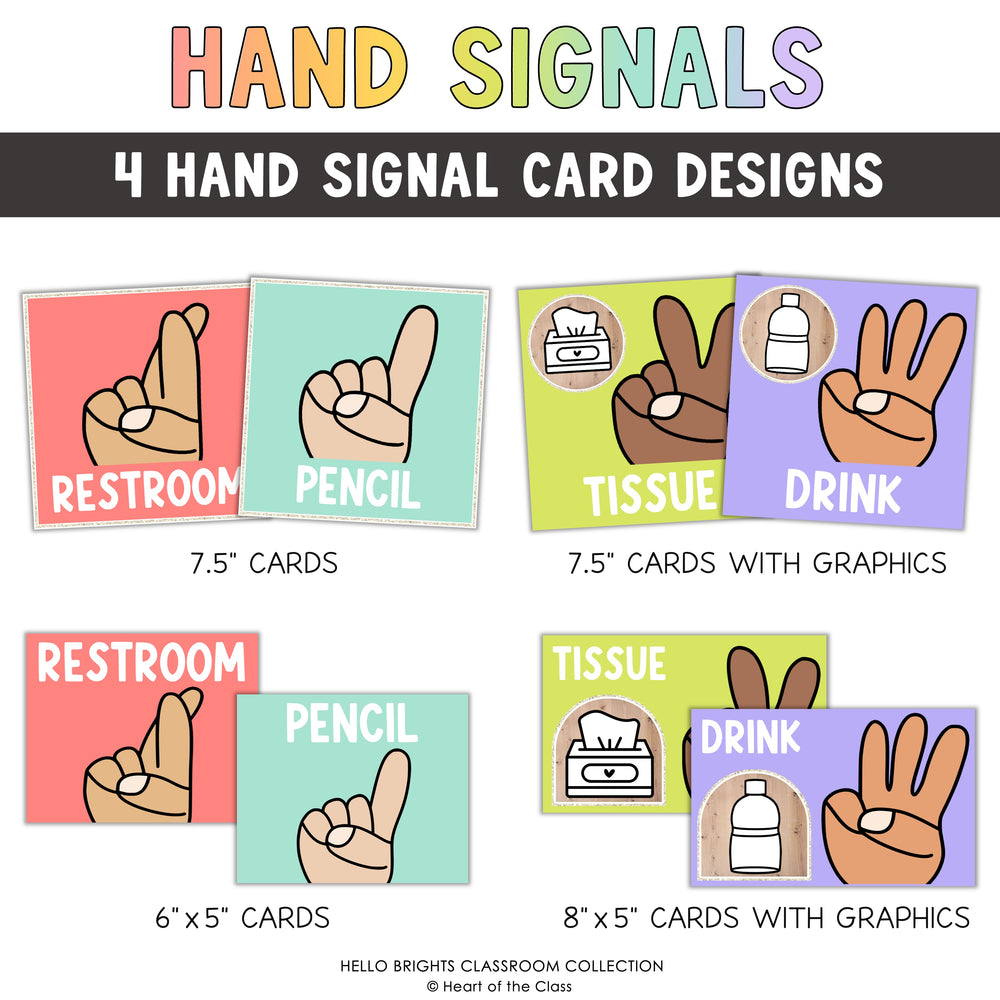 Classroom Hand Signal Posters with 8 different hand gestures in bright classroom color palette