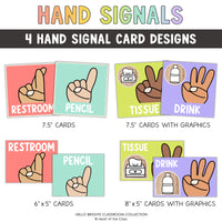 Classroom Hand Signal Posters with 8 different hand gestures in bright classroom color palette