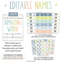 Editable student name cards and numbers for student work bulletin board display