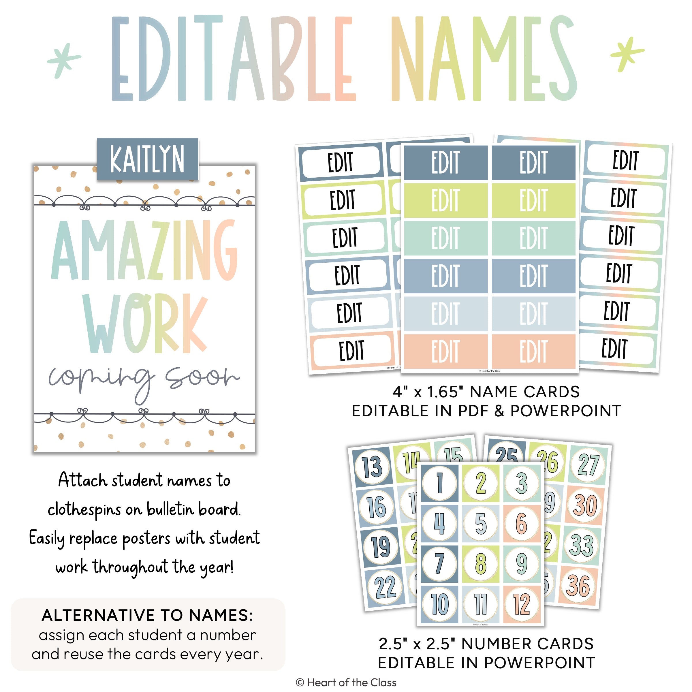 Editable student name cards and numbers for student work bulletin board display