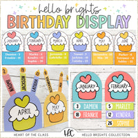 Classroom birthday bulletin board display with cupcakes. Editable student birthday candles and cards. Hello Brights - a bright and happy classroom decor bundle.