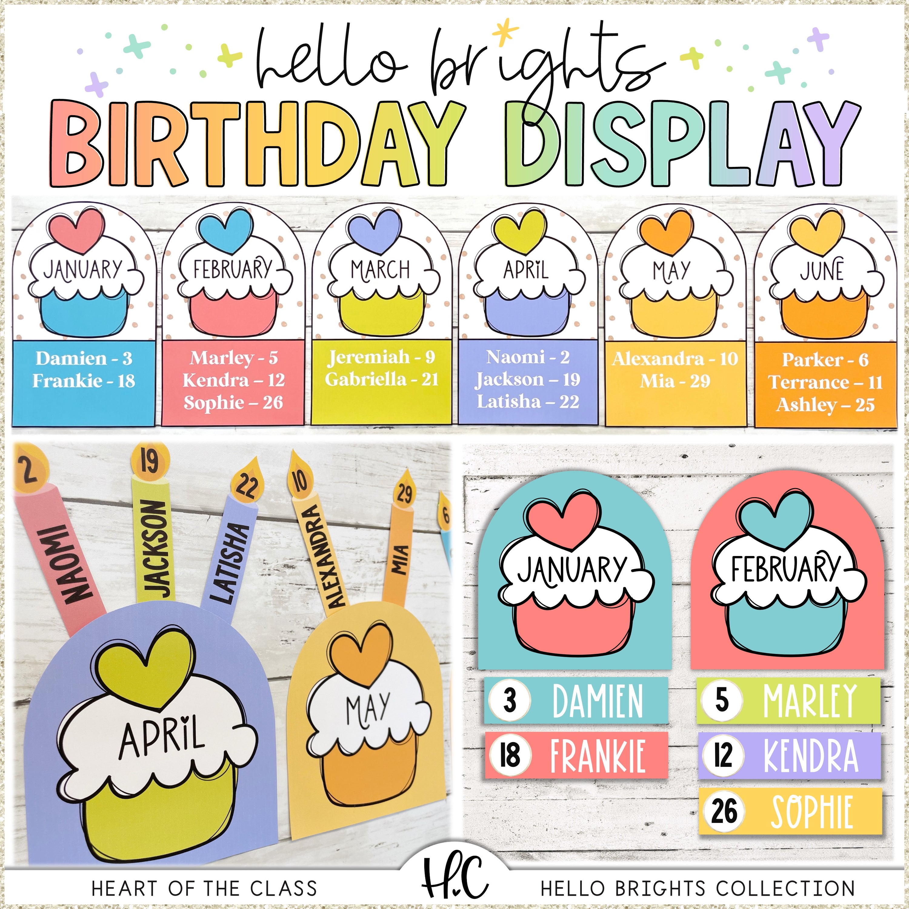 Classroom birthday bulletin board display with cupcakes. Editable student birthday candles and cards. Hello Brights - a bright and happy classroom decor bundle.