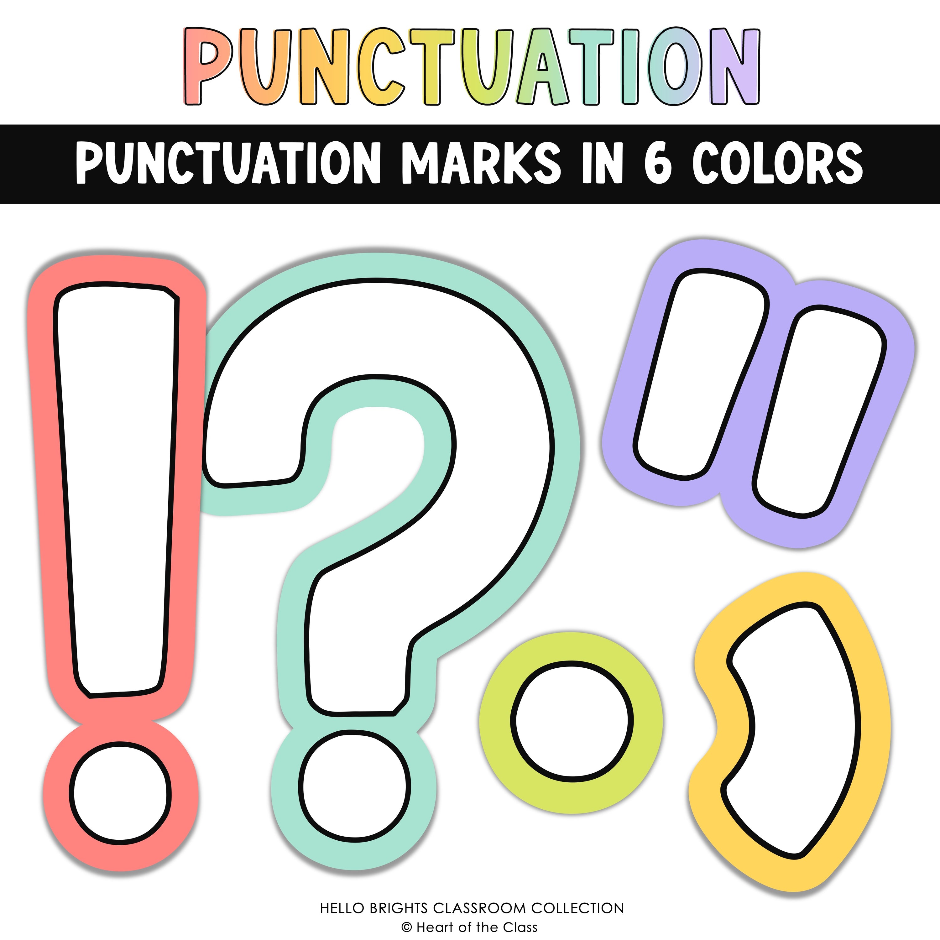 Printable bulletin board punctuation marks in bright classroom theme colors
