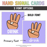 Classroom Hand Signal Gesture Cards with Primary Font in Bright Happy Classroom Decor