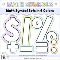 Printable Pastel Bulletin Board Letters with Math Symbols: dollar sign, percent sign, plus, minus, equal, colon. Cozy Pastels Classroom Decor Collection by Heart of the Class
