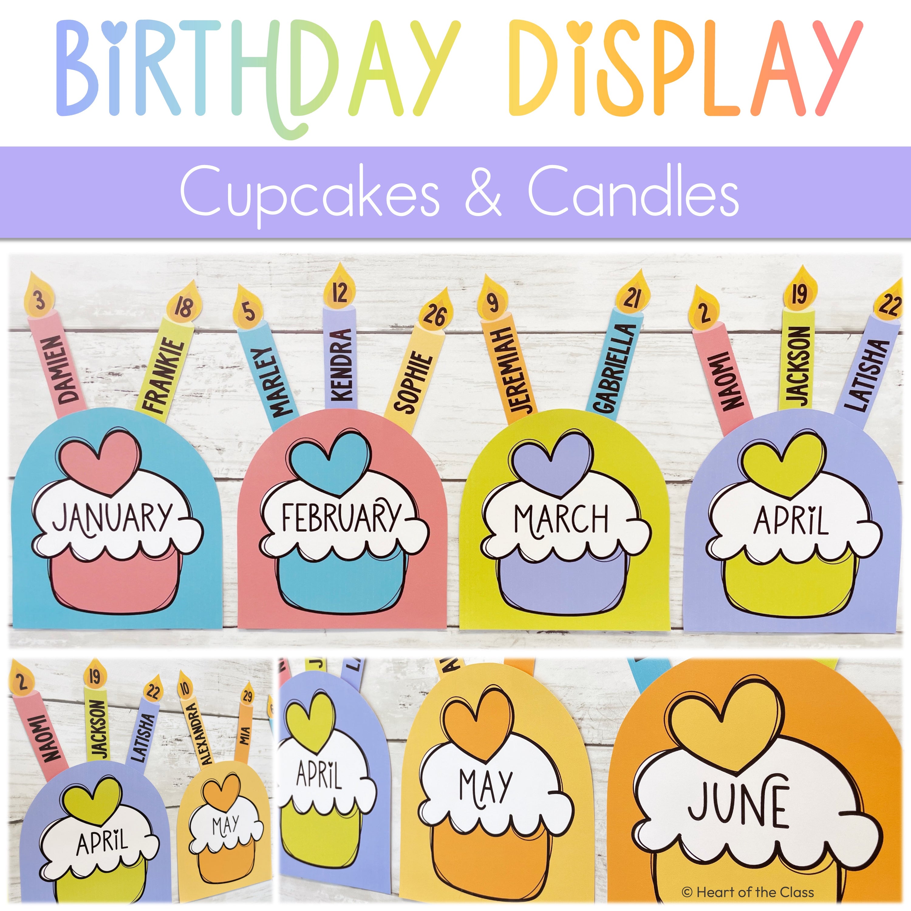 Cupcake Birthday Display with Candles and Editable Student Birthdays