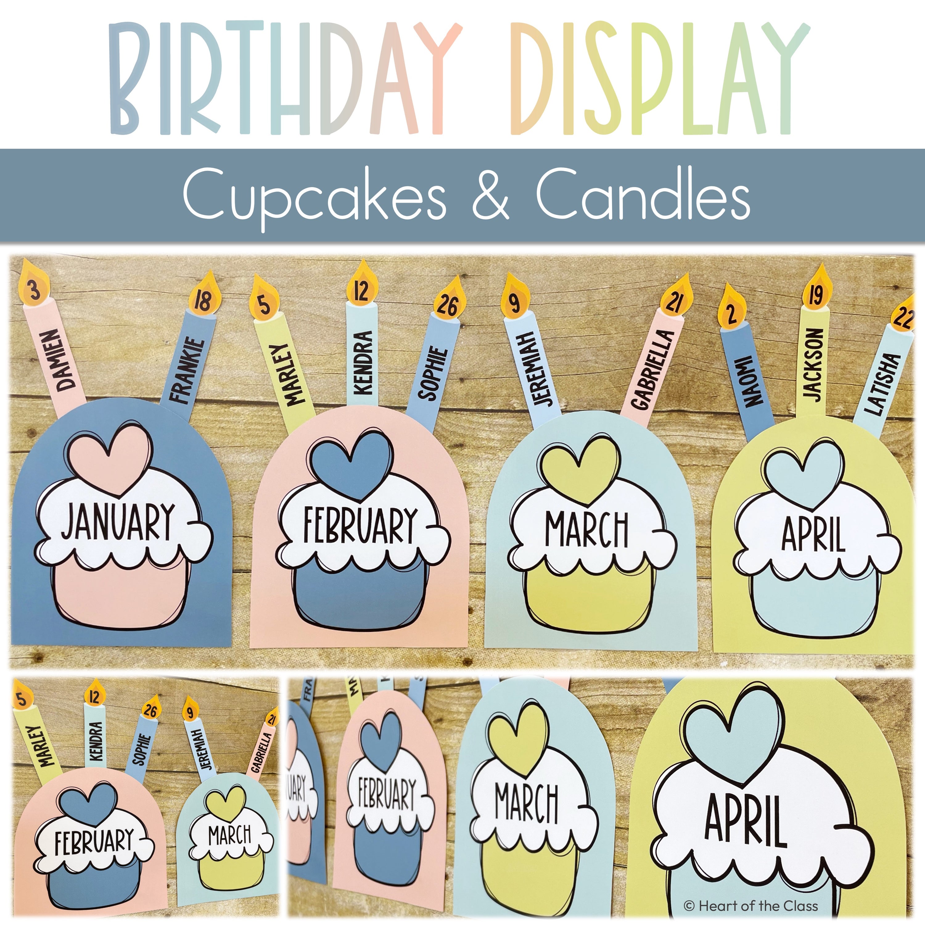 Calm Pastel Classroom Cupcake Birthdays with Student Birthday Candles