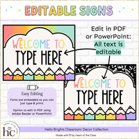 Editable Classroom Posters for Door Decor or Back to School Welcome Bulletin Board. Bright and happy classroom colors with composition notebook background and rainbow background. Fonts are embedded in PDF and PowerPoint.