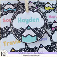 Cute composition notebook editable student name cards in happy, bright colors. Perfect for classroom door display, welcome bulletin board or cubby labels. Clean, easy to read primary font embedded.