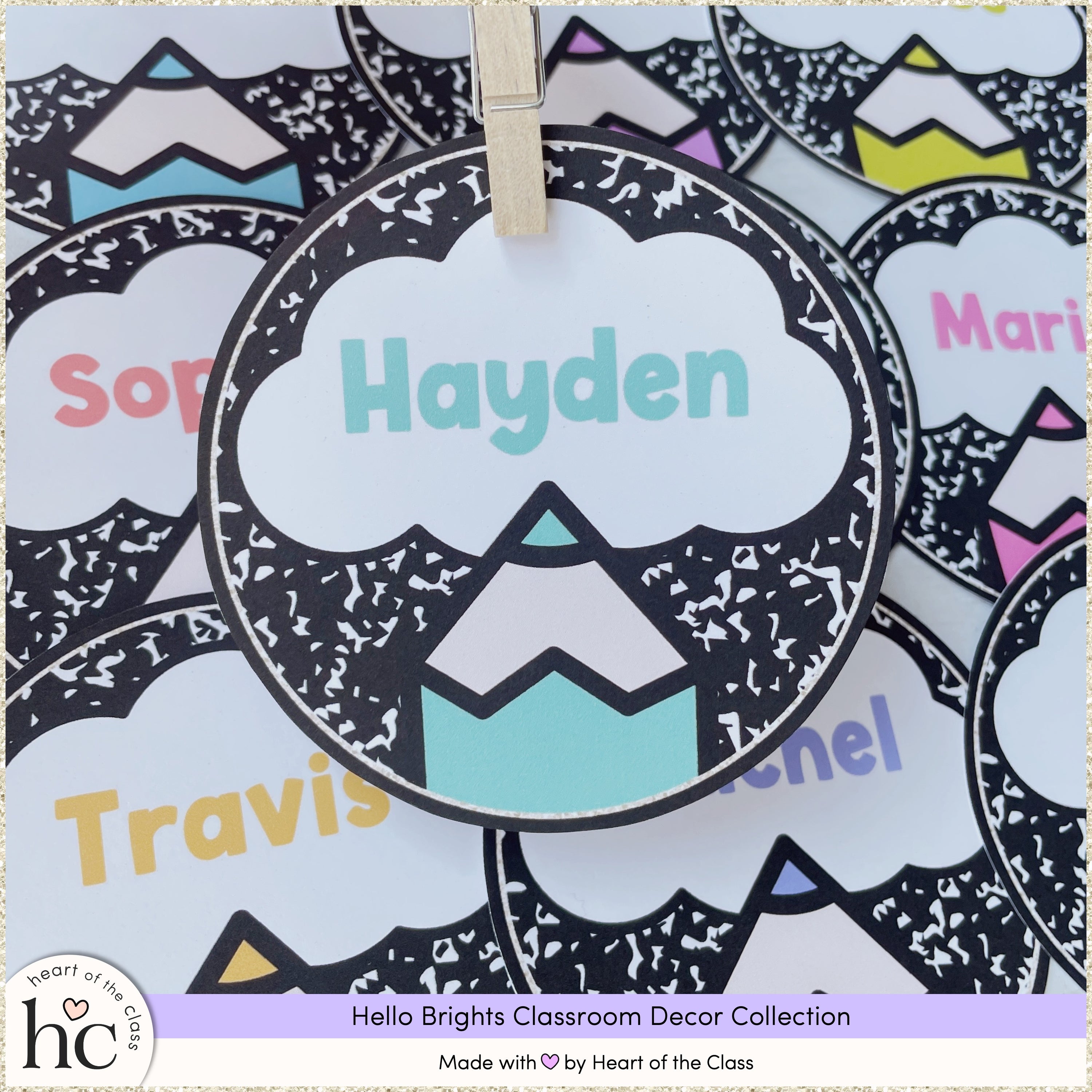 Cute composition notebook editable student name cards in happy, bright colors. Perfect for classroom door display, welcome bulletin board or cubby labels. Clean, easy to read primary font embedded.