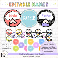 Classroom Door Decor Editable Name Cards in 3 designs: bright color pencils, composition notebook with bright colors, and a minimalist design with 10 bright rainbow classroom colors. Clean and easy to read student fonts are embedded!