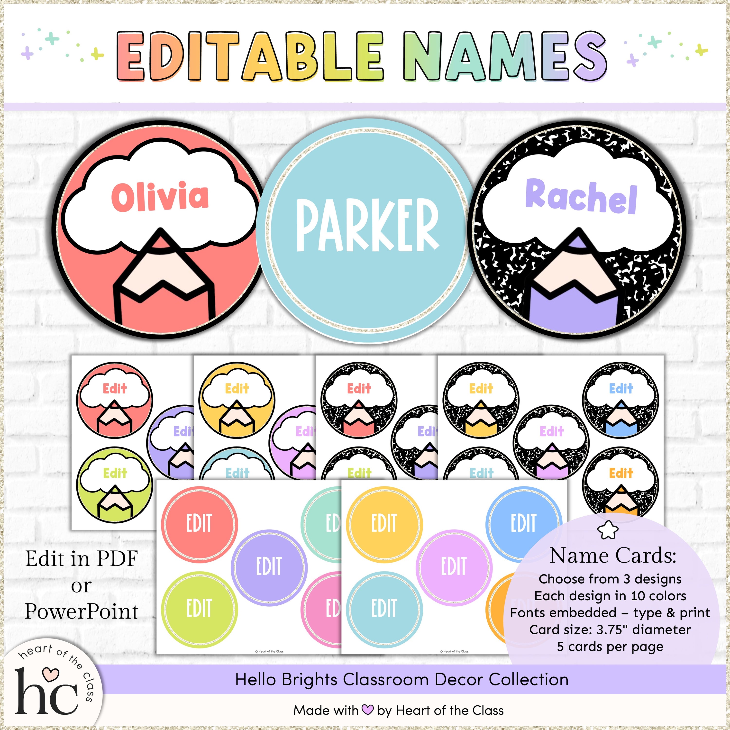 Classroom Door Decor Editable Name Cards in 3 designs: bright color pencils, composition notebook with bright colors, and a minimalist design with 10 bright rainbow classroom colors. Clean and easy to read student fonts are embedded!