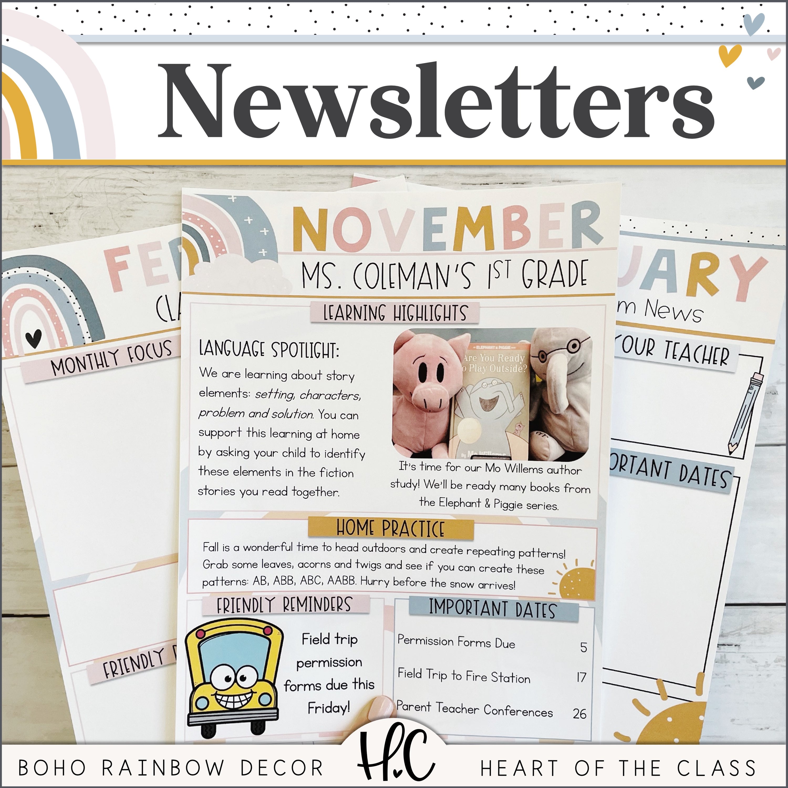 Boho Rainbow Classroom Newsletters