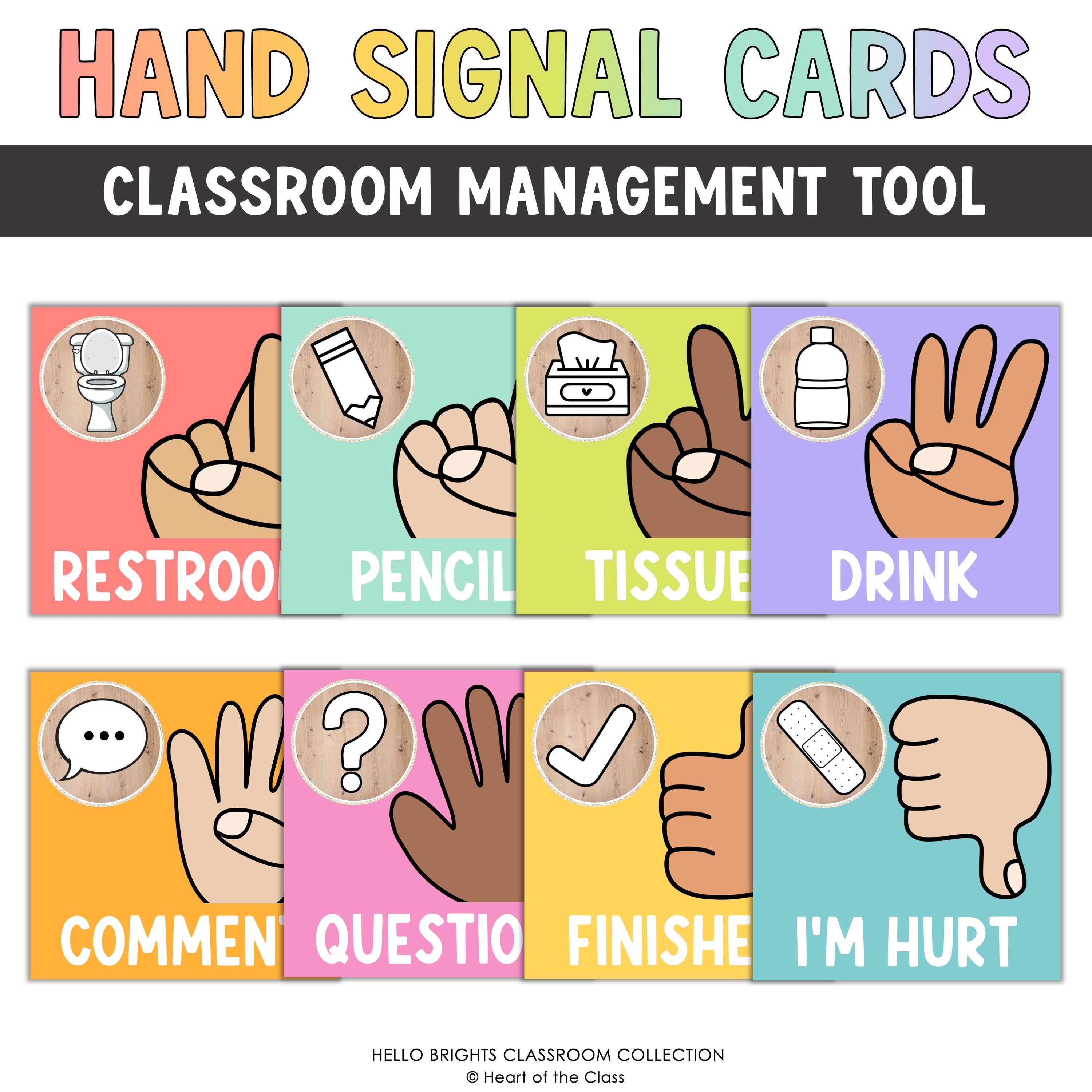 Square Hand Signal Posters with editable text and bright classroom colors