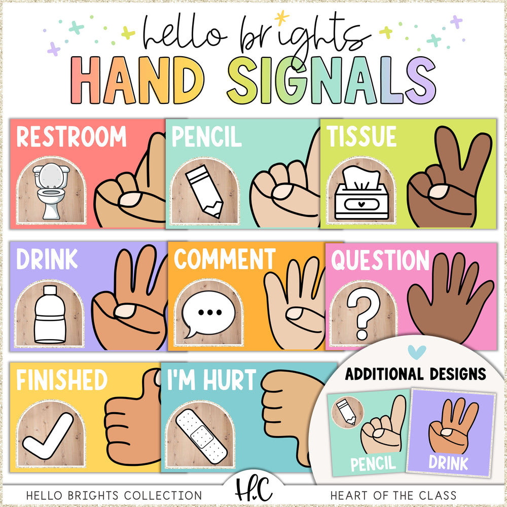 Hello Brights Classroom Hand Signal Posters in Bright Happy Colors