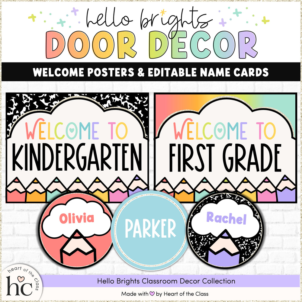 Editable Classroom Door Decor Welcome Posters and Student Name Cards for Back to School Bulletin Board. Welcome Posters with bright rainbow colors and composition notebook background and rainbow gradient background.