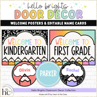 Editable Classroom Door Decor Welcome Posters and Student Name Cards for Back to School Bulletin Board. Welcome Posters with bright rainbow colors and composition notebook background and rainbow gradient background.