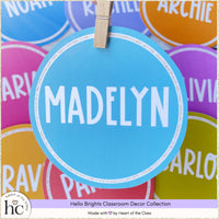 Back to school Door Decor or bulletin board display editable student name card circles. Fun, bright rainbow classroom colors. Fonts embedded for easy editing in PDF or PowerPoint.