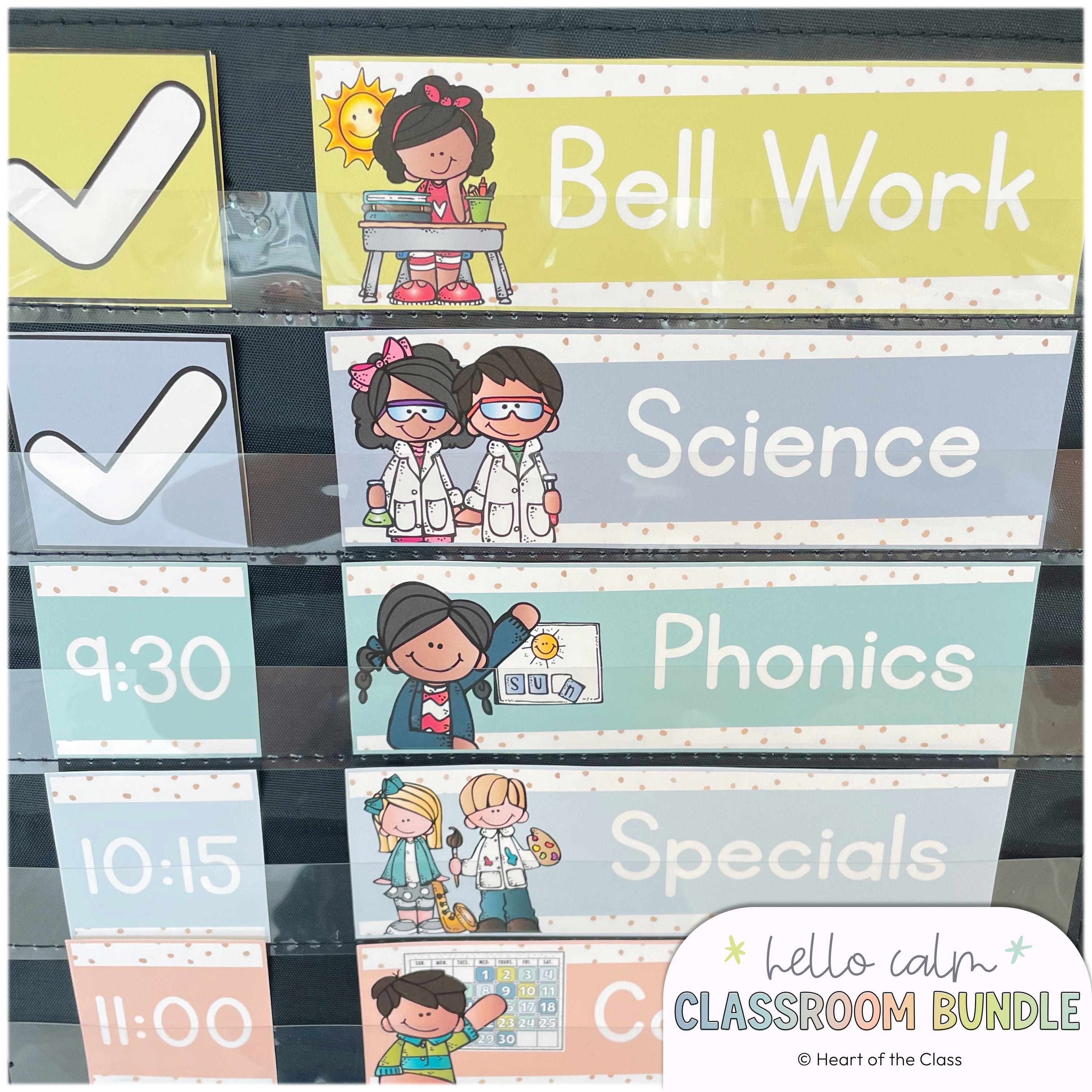 Editable Classroom Schedule Cards with Melonheadz Graphics in Hello Calm Pastel Classroom Decor Bundle