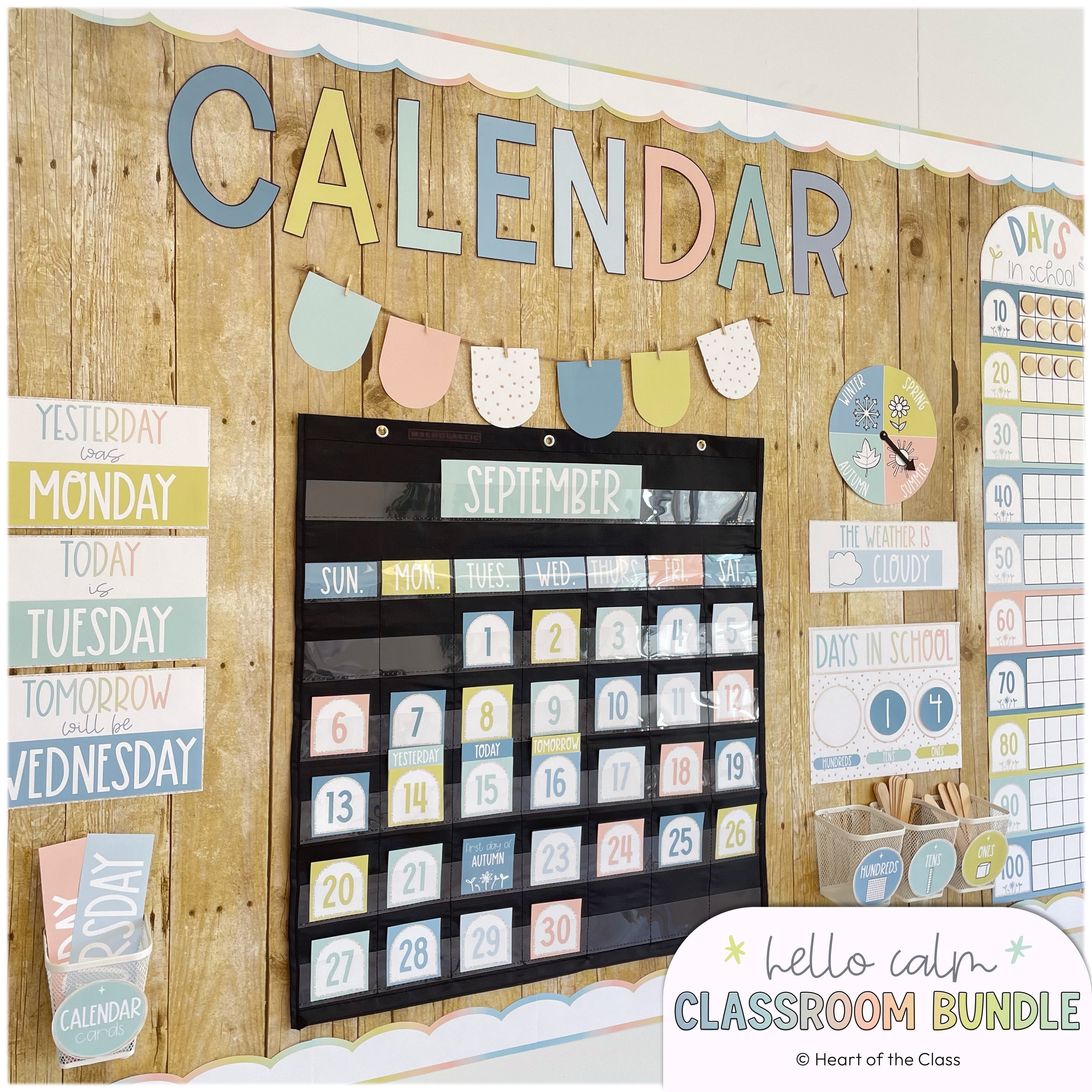 Classroom Calendar, Weather, and Days in School Display from Hello Calm Pastel Classroom Decor Bundle