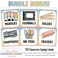 Hello Calm Pastel Classroom Decor Bundle Bonus Item: Editable Classroom Supply Labels with Graphics