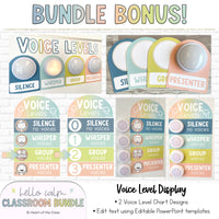Classroom Voice Level Charts - Large Voice Level Posters for push lights and small voice level posters with arrow.