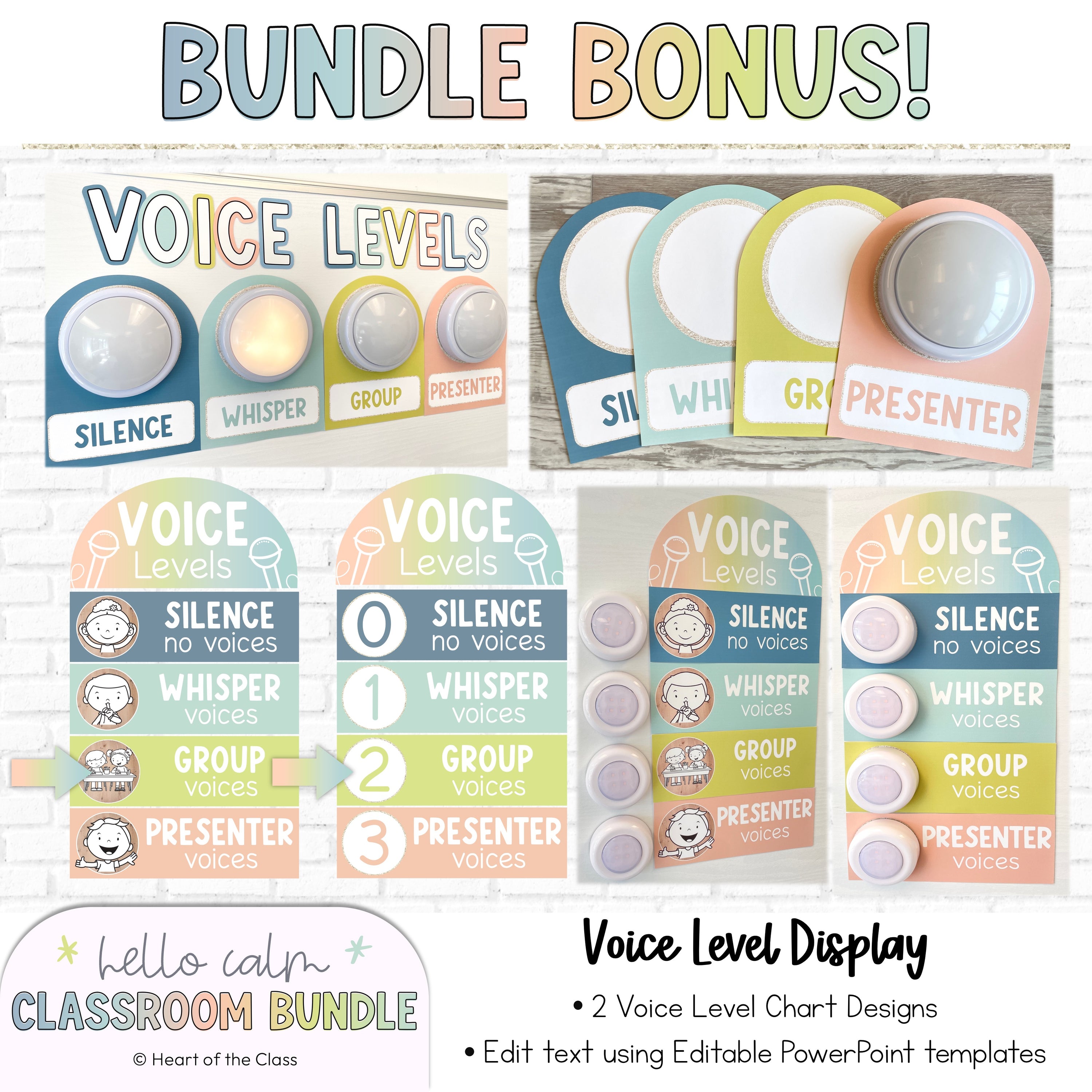 Classroom Voice Level Charts - Large Voice Level Posters for push lights and small voice level posters with arrow.