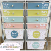 Hello Calm Pastel Classroom Decor Bundle Editable Rolling Cart Trolley Labels