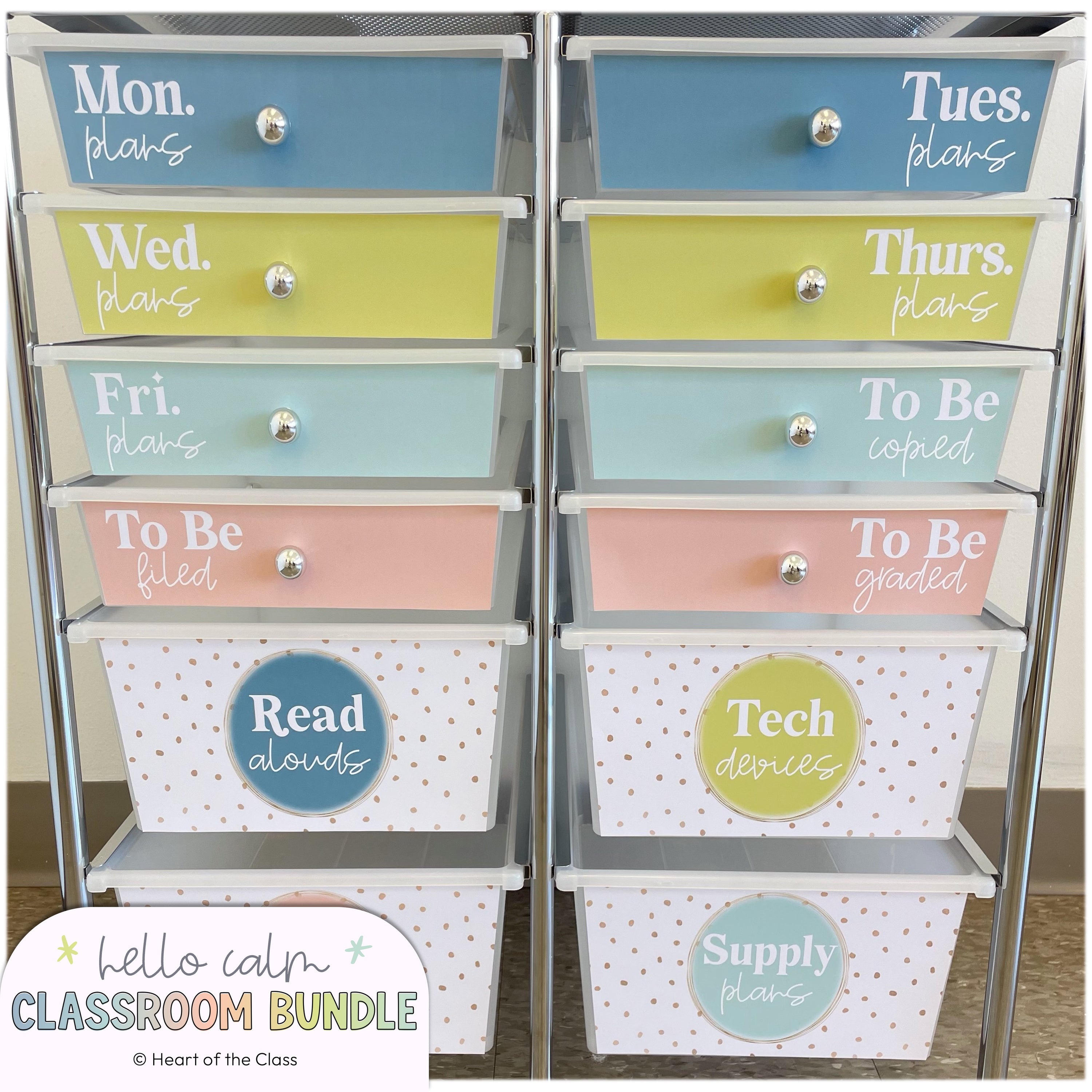 Hello Calm Pastel Classroom Decor Bundle Editable Rolling Cart Trolley Labels
