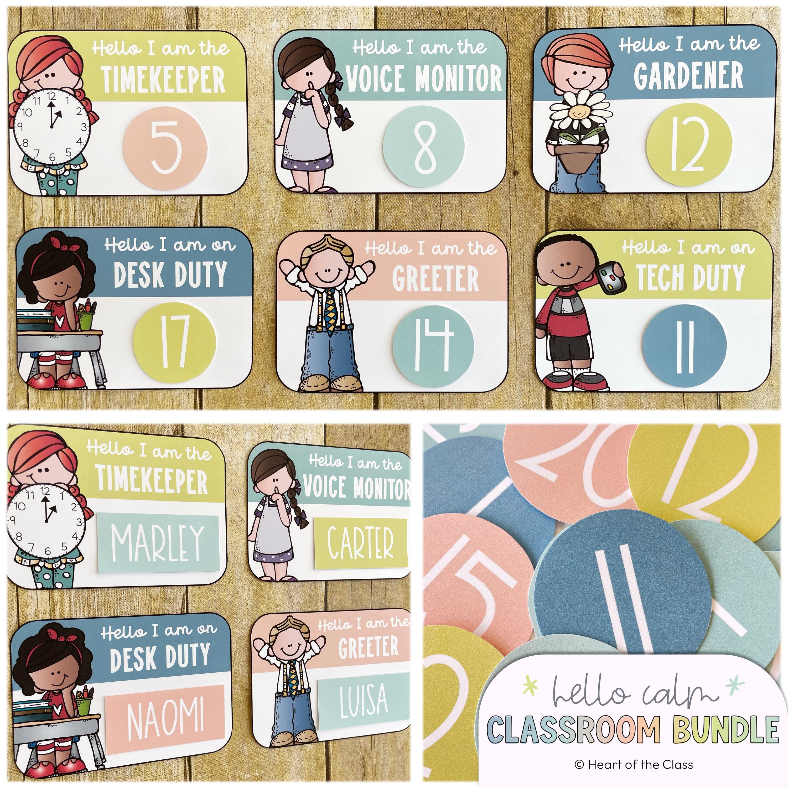 Hello Calm Pastel Classroom Decor Bundle Classroom Jobs Display with Editable Names and Number Cards