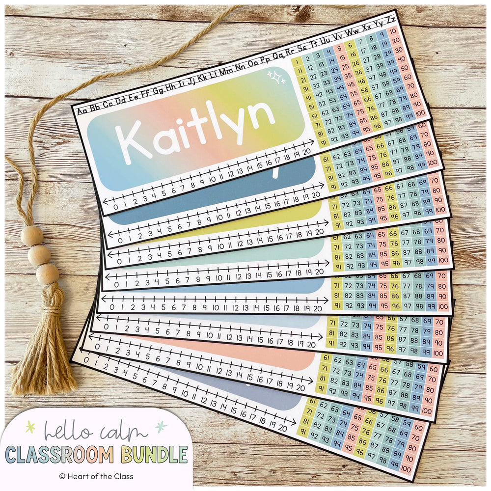 Hello Calm Pastel Classroom Decor Bundle Editable Desk Tags with 100 Chart