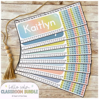 Hello Calm Pastel Classroom Decor Bundle Editable Desk Tags with 100 Chart