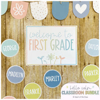 Hello Calm Pastel Classroom Decor Bundle Door Decor Display with Editable Name Cards
