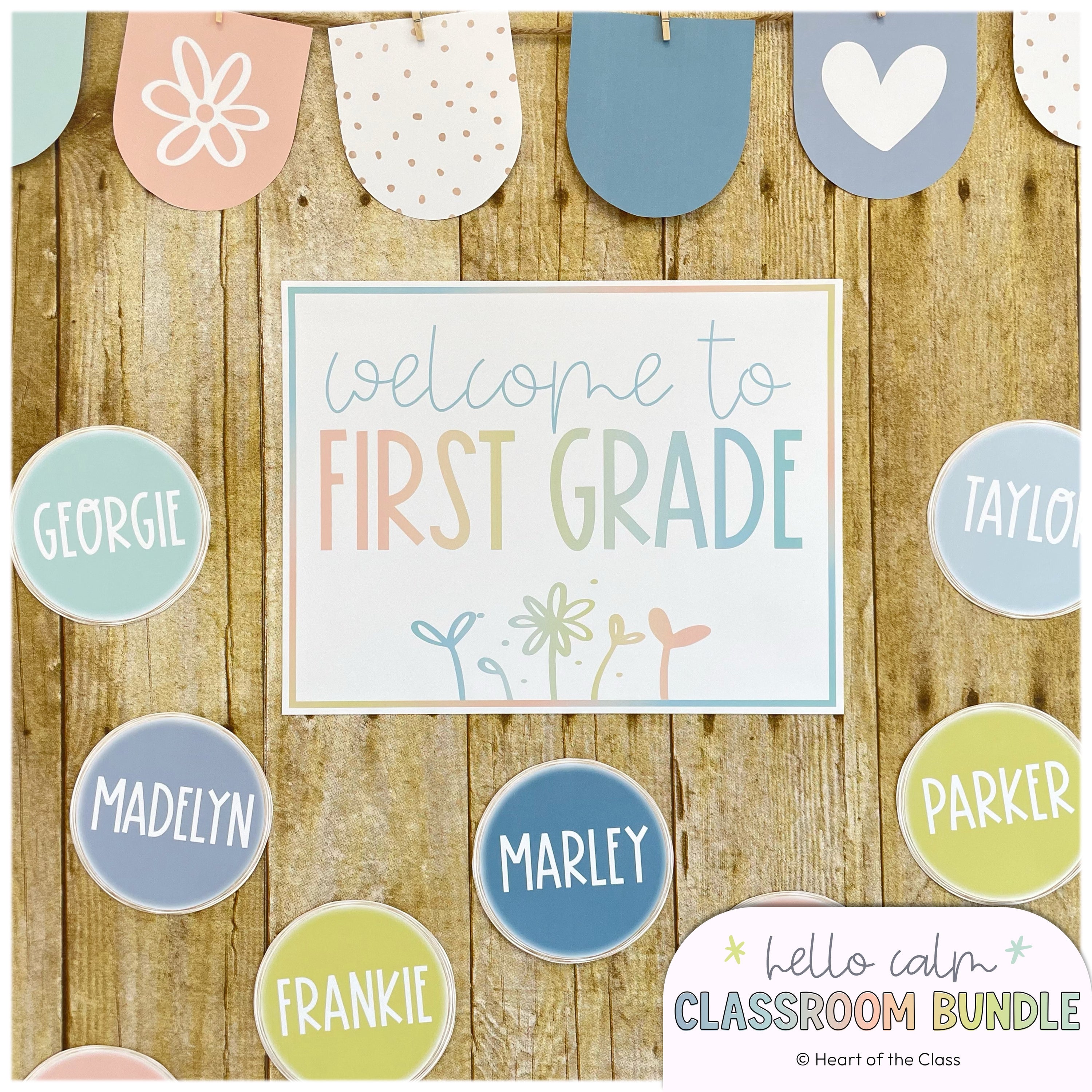 Hello Calm Pastel Classroom Decor Bundle Door Decor Display with Editable Name Cards