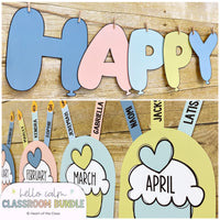 Hello Calm Pastel Classroom Decor Bundle Birthday Display with Cupcakes and Editable Name Candles