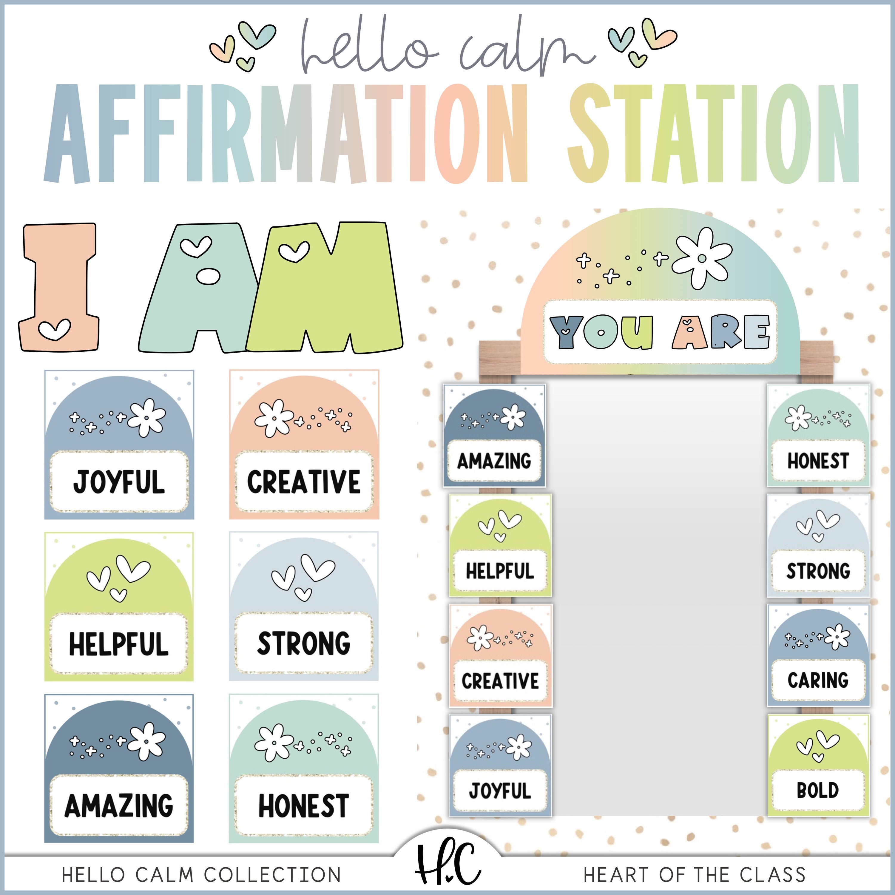 Calm Pastel Classroom Affirmation Station Mirror with Editable Cards