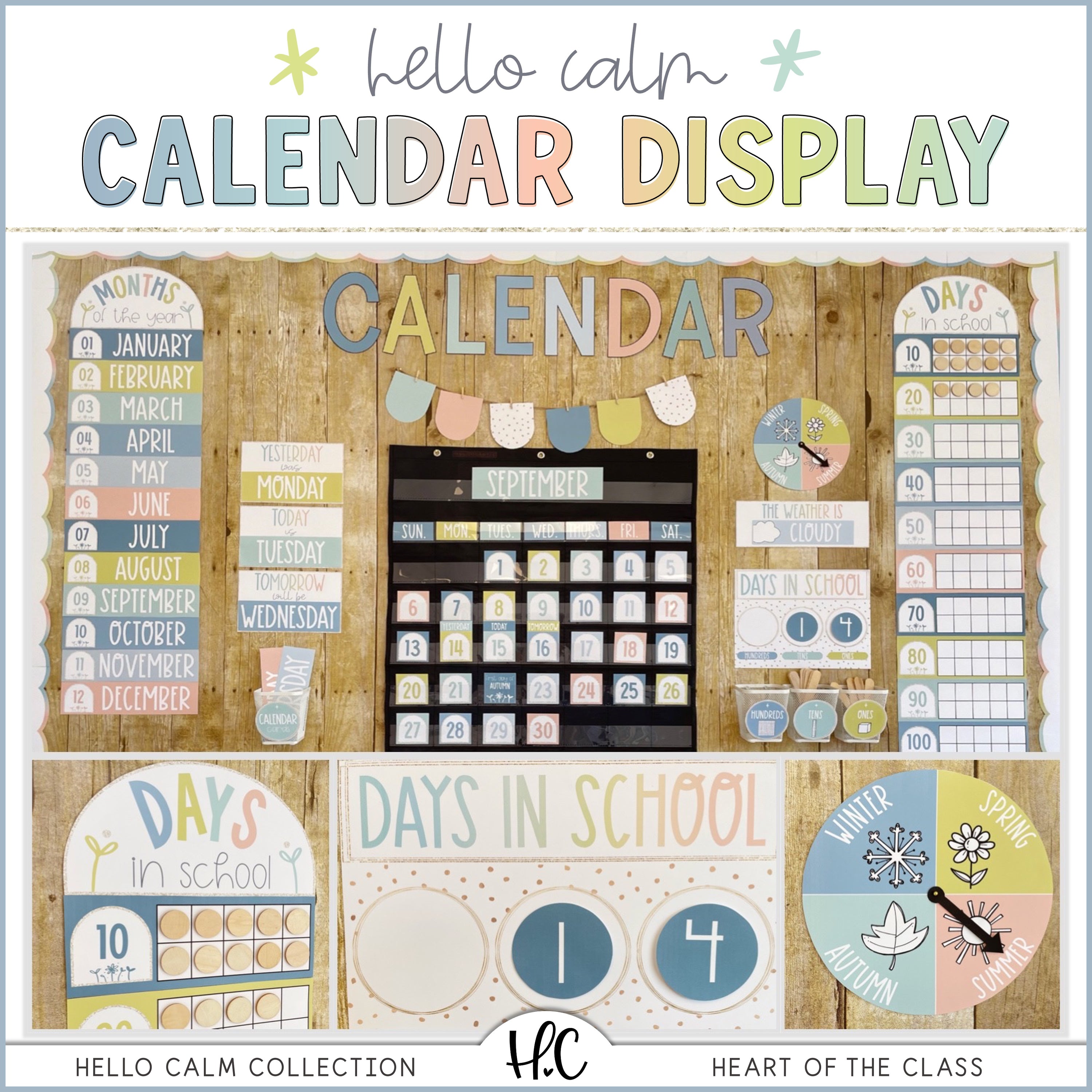 Hello Calm Pastel Classroom Calendar Math Wall  and Weather Bulletin Board Display