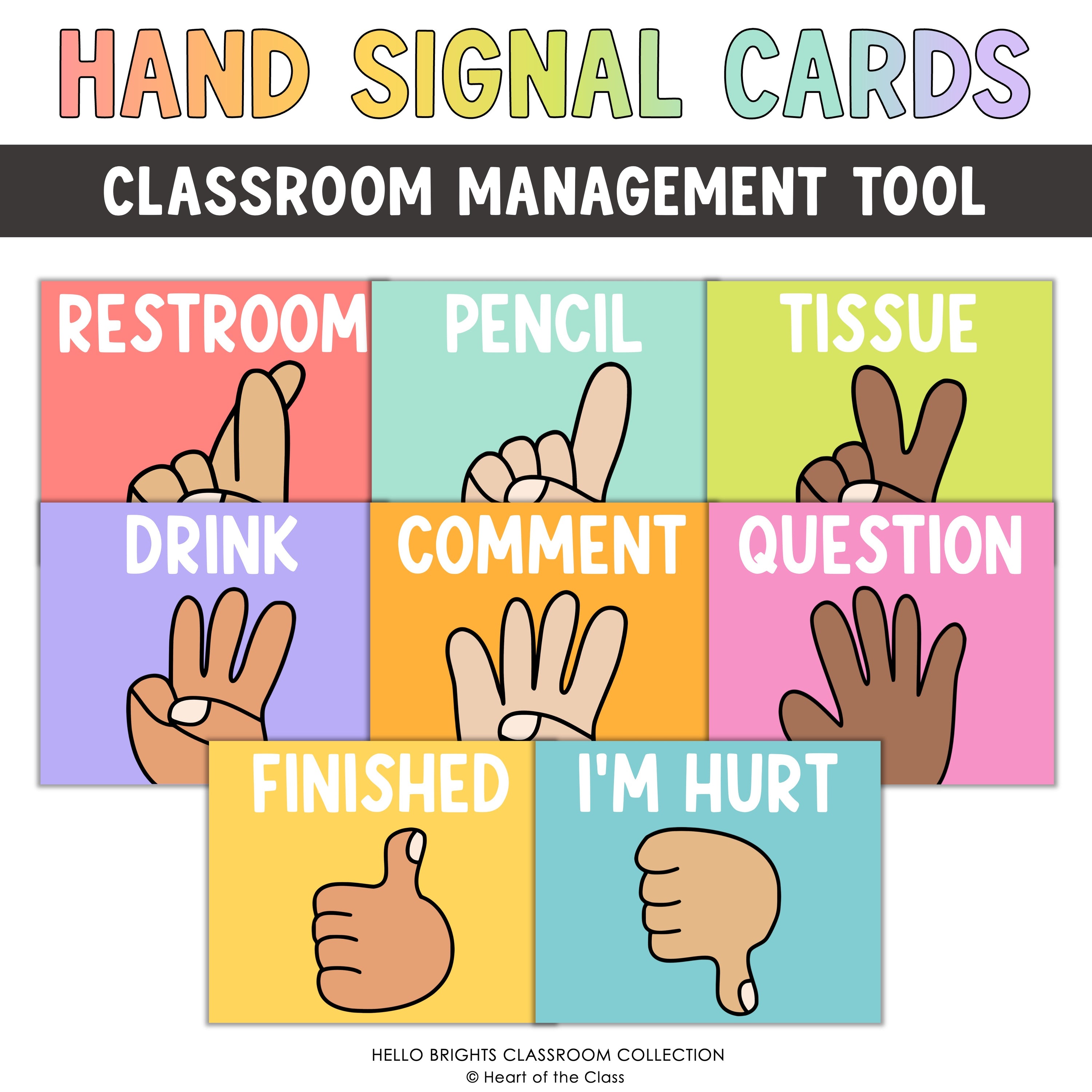 Classroom Management Hand Signal Posters with multicultural hands