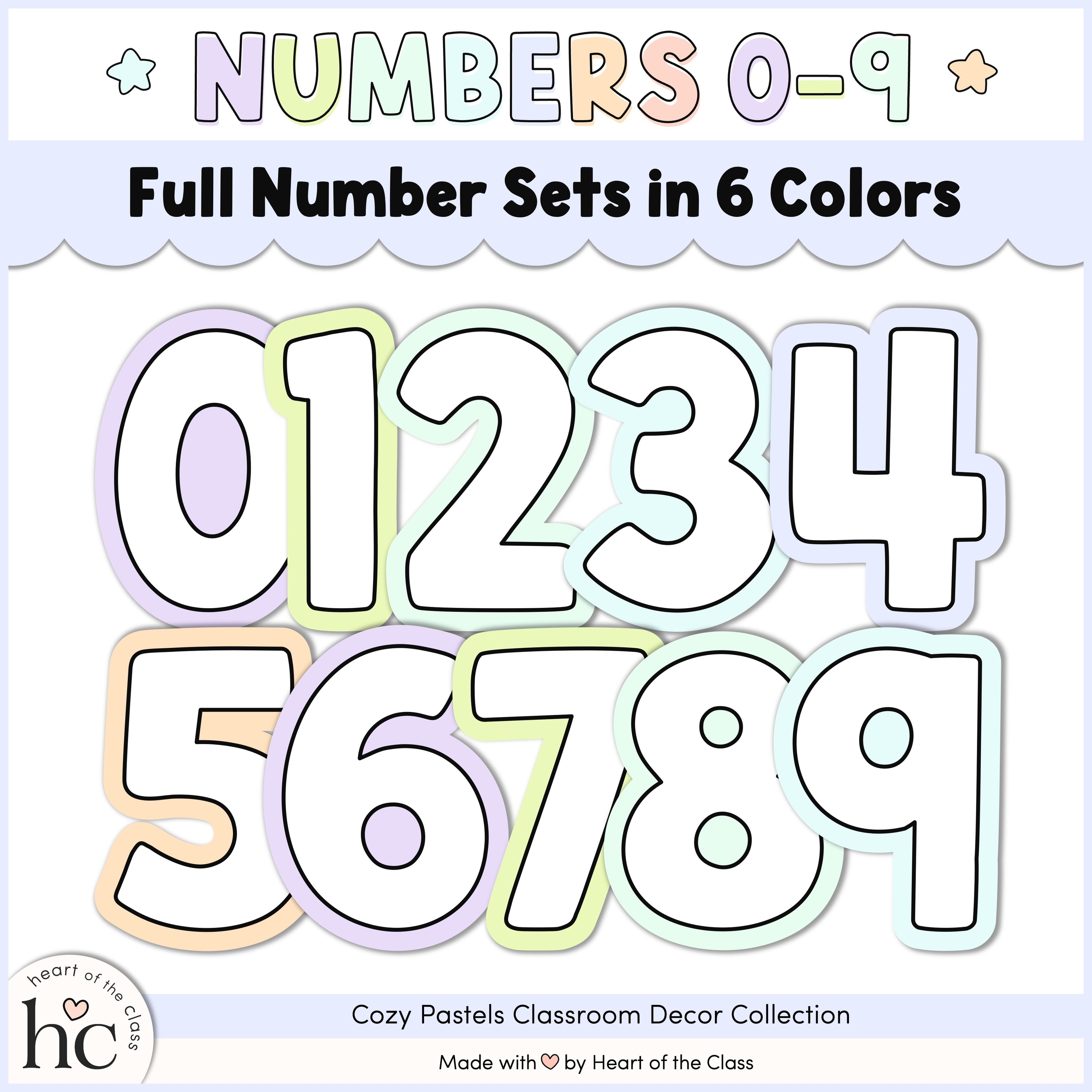 Printable Classroom Bulletin Board Letters and Number in Pastel Colors: lavender, lime, mint, aqua, periwinkle and peach. From the Cozy Pastels Classroom Decor Bundle.